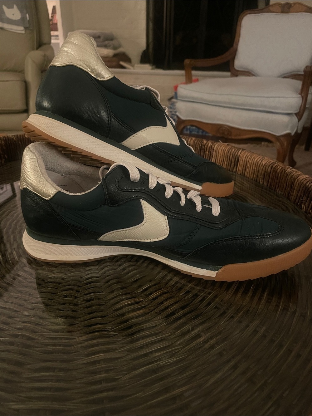 Sofft Dark Green and Cream Retro-Style Leather Sneakers